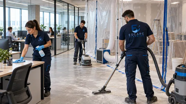 Birou în renovare cu praf și materiale